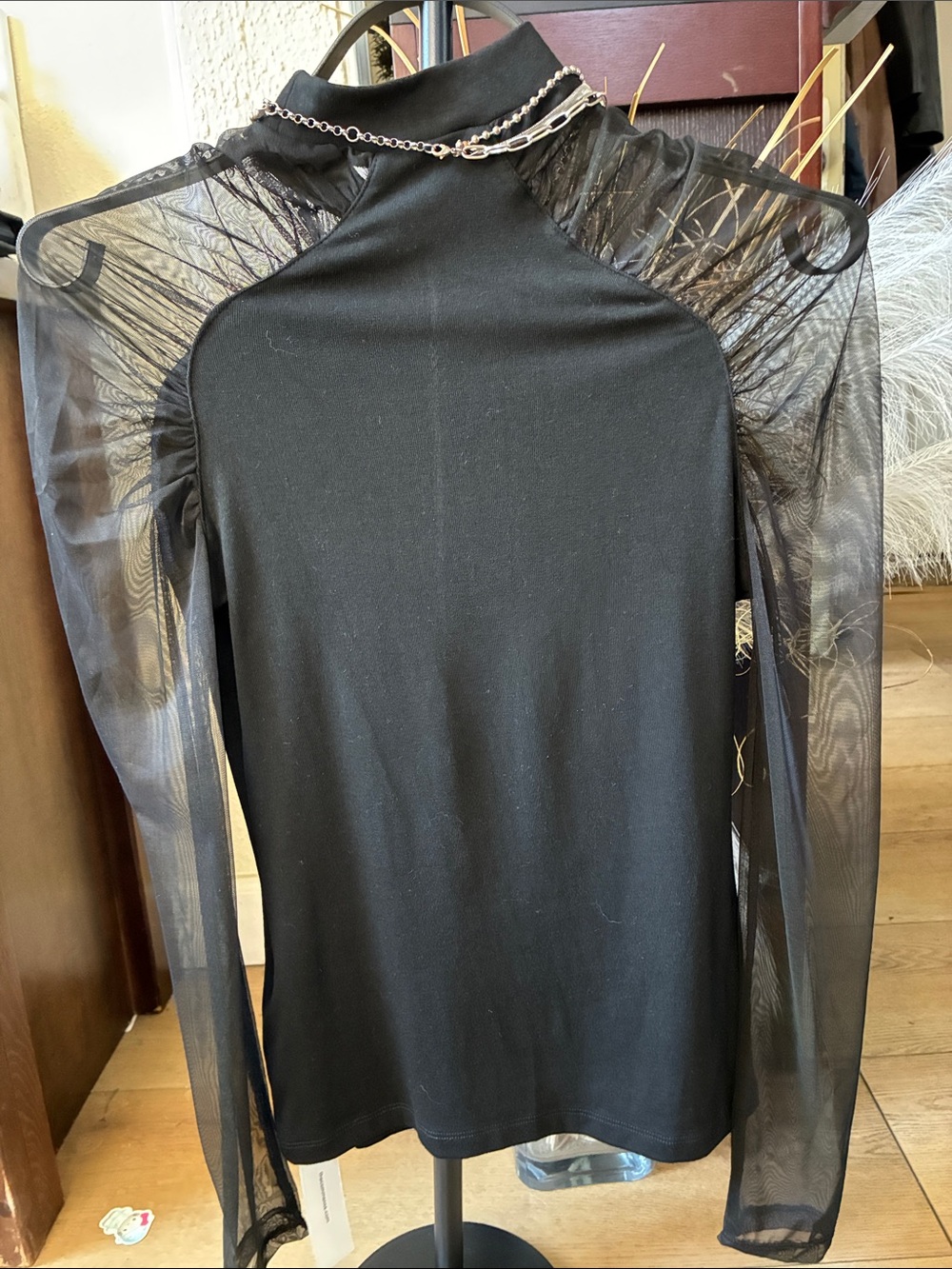 Commense Black Mock Neck Top with Sheer Mesh Long Sleeves - Picture 5 of 5